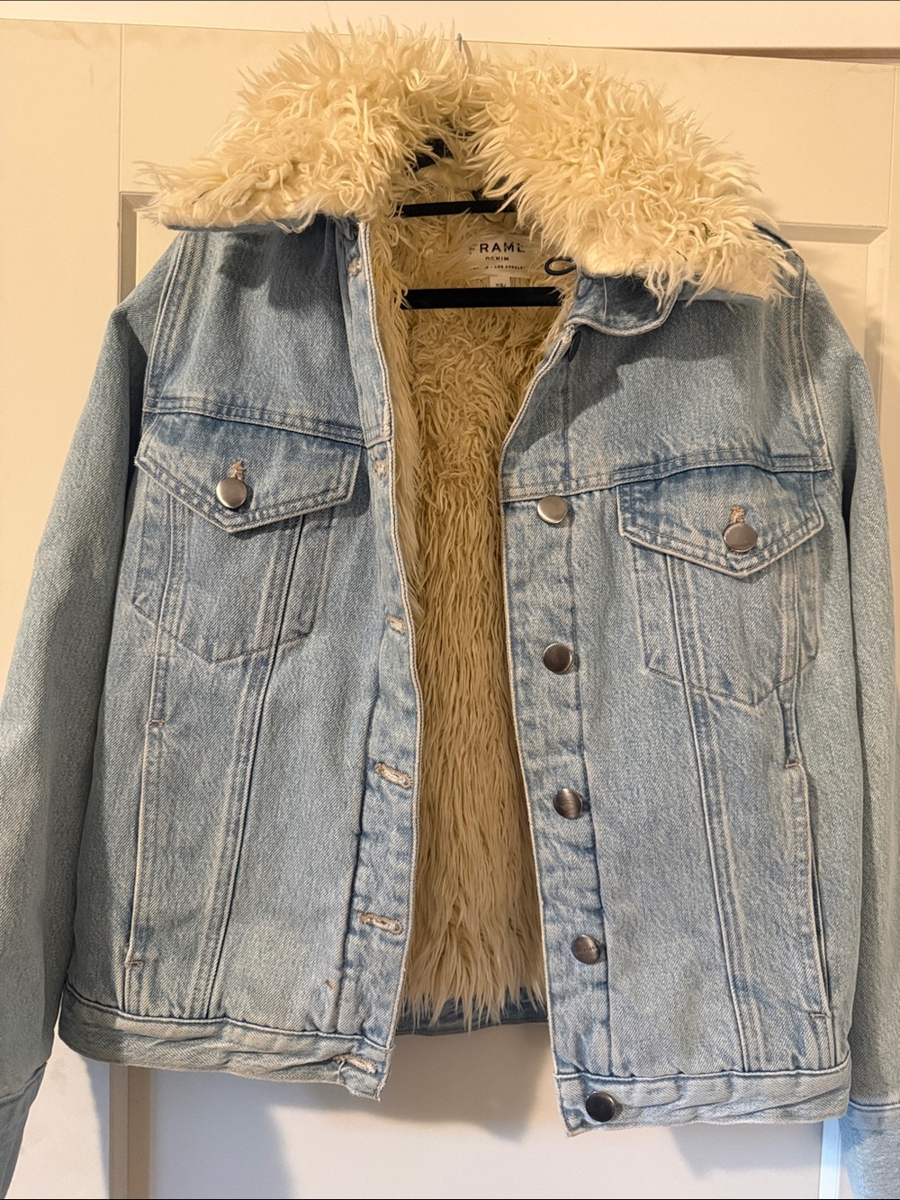 Frame Denim Light Blue Denim Jacket with Cream Sherpa
